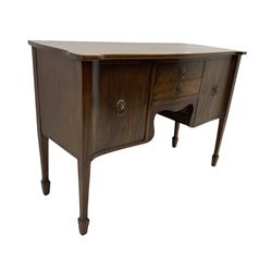 Regency design mahogany serpentine front sideboard, fitted with two drawers and two cupboards, raised on square tapered supports with peg feet