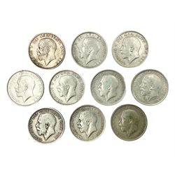 Ten King George V silver half crown coins, nine dated 1917 and another 1918