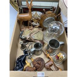 Miscellaneous items including 'Koma', pewter tankard, vintage camera, lamp etc, in one box