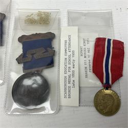Japanese Order of the Sacred Treasure Medal (Zaihosho) in lacquered box; Norwegian Grunnlovsdag 1945 Medal with National Flag ribbon; three school attendance medals; four Royalty commemorative medals including both Victoria jubilees; quantity of medal ribbons and medal bars; medal issue boxes; badges; booklets etc