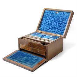Victorian walnut writing/needlework box with parquetry banding and mother of pearl escutch...