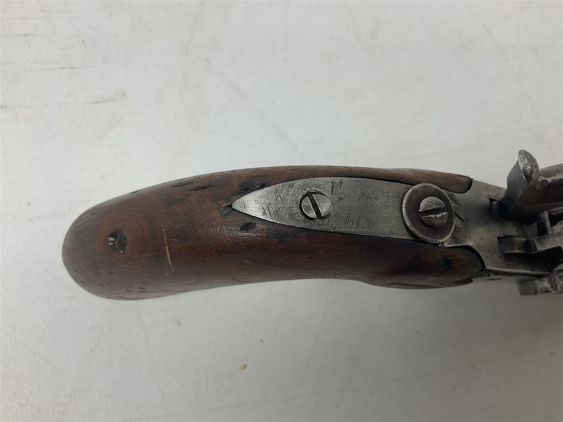 19th century Belgian double barrel side by side percussion pistol, approximately 40 calibre, with 8cm octagonal barrels, and wooden stock L22cm