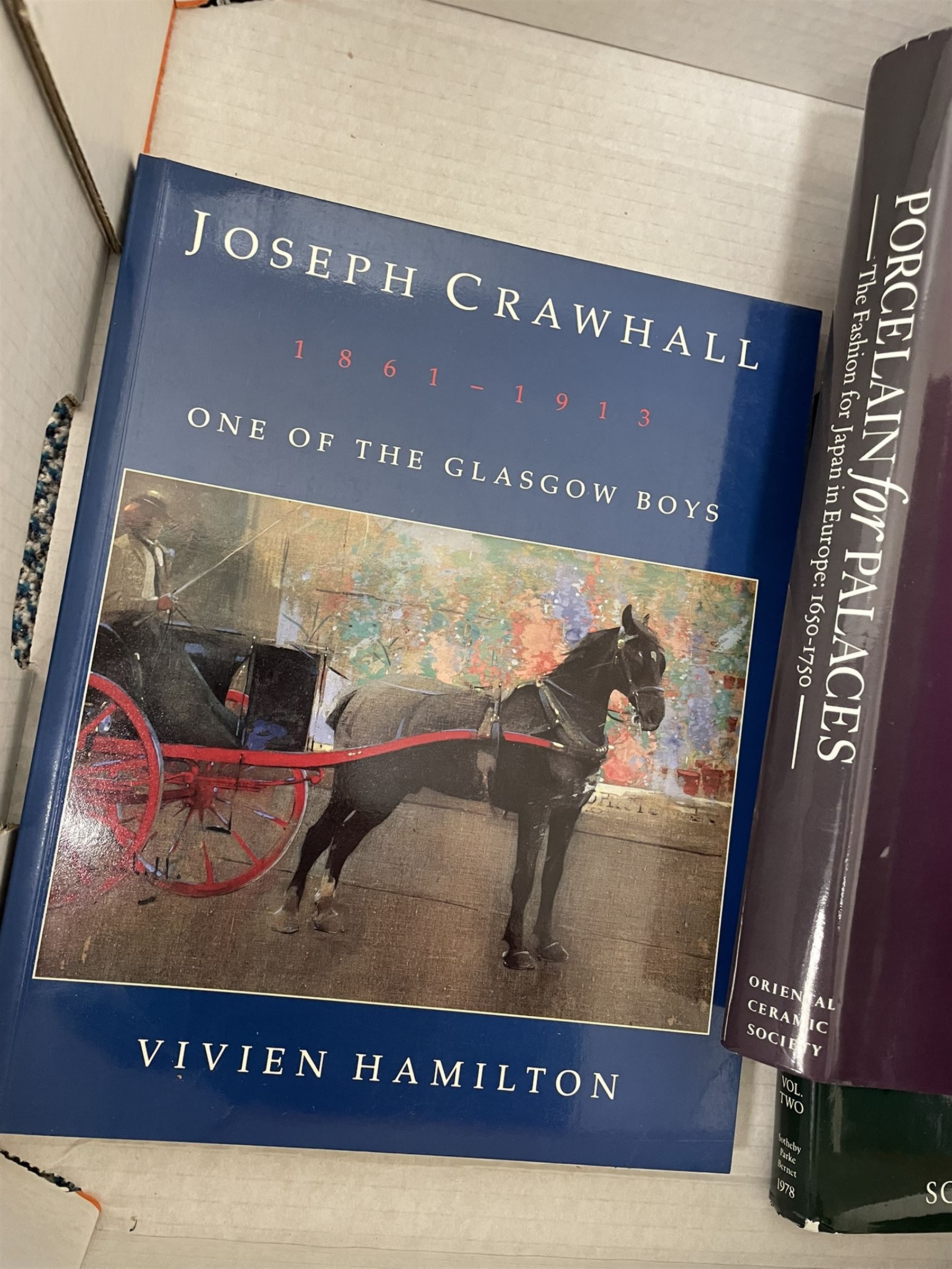 Box of antiques reference books - including Robert von Hirsch Collection catalogues; 'Glasgow Girls' Ed. by Jude Burkhauser; 'Blue & White, Chinese Porcelain Around the World' by John Carswell; Porcelain for Palaces, The Fashion for Japan In Europe', Celadon Wares; etc.