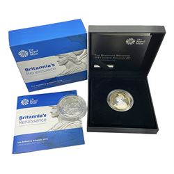 The Royal Mint United Kingdom 2005 one ounce fine silver Britannia coin and 2015 'Britannia's Renaissance' silver proof piedfort two pound coin cased with certificate