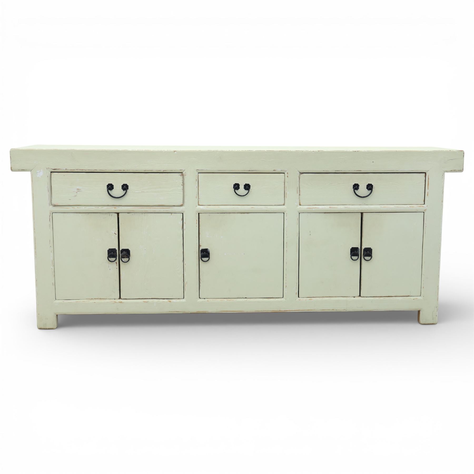 Large painted pine dresser sideboard, fitted with three drawers and five cupboards