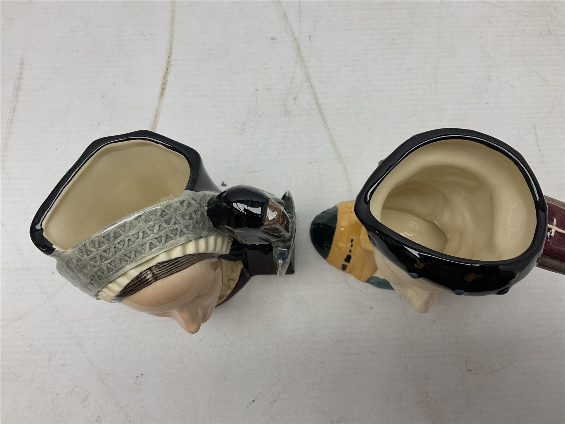 Royal Doulton Henry VIII and his Six Wives Character Jugs, comprising of Henry VIII D6647, Catherine of Aragon D6657, Anne Boleyn D6650, Jane Seymour D6746, Anne of Cleves D6753, Catherine Howard D6692 and Catherine Parr D6751, tallest H10cm