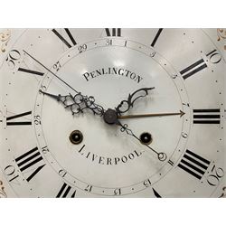 Penlington of Liverpool – early 19th century 8-day mahogany longcase clock, swans neck pediment with three turned wooden finials and verre eglomise panels, trunk with reeded columns and wavy topped door, plinth with canted corners on bracket feet, painted break-arch dial with Roman numerals and five-minute Arabic’s, centre sweep calendar and seconds hands, blue steel serpentine hands, signed beneath a painted rolling moon in the arch PENLINGTON, LIVERPOOL, eight day four pillar movement, anchor escapement and rack striking on a bell. With pendulum and weights.  The Penlington family were prolific clockmakers in 19th century Liverpool working from several addresses in the city, also recorded as chronometer and chronograph makers.