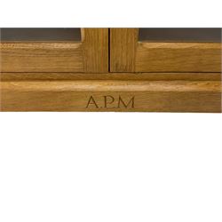 Catman - Yorkshire oak side cabinet, fitted with two glass doors, carved inset Cat signature, by Chris Checksfield of Whitby (Ex Gnomeman)