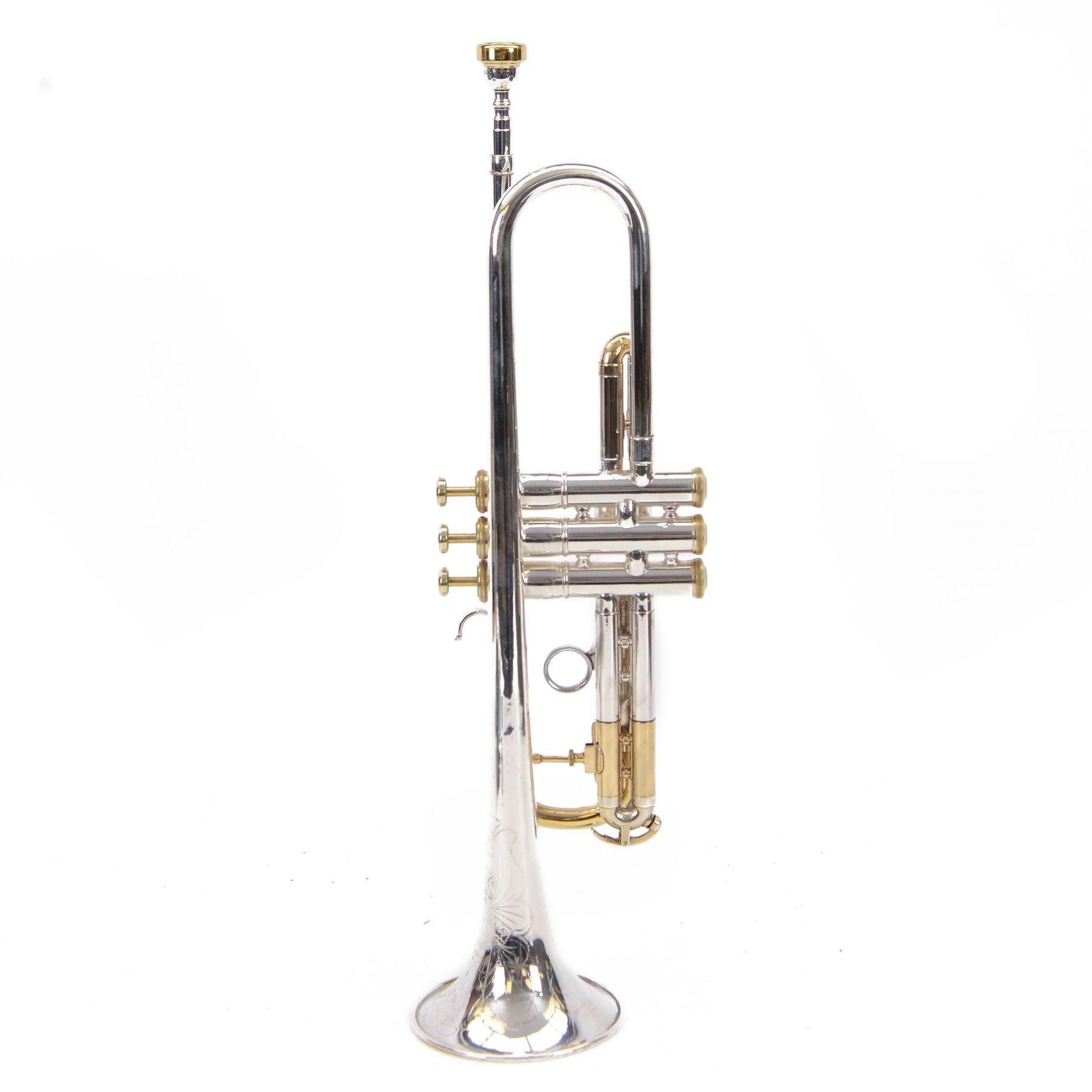 Vintage 20th century Olds Recording Los Angeles silver finished trumpet with three cylinder valves, finger ring and mouthpiece, in a velvet lined hard case.