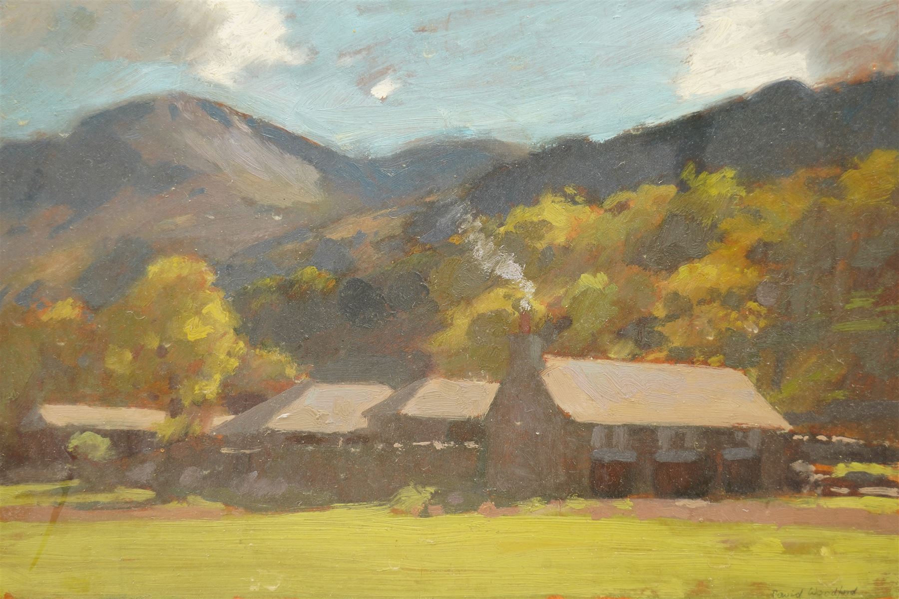 David Woodford (British 1938-): Eryri Landscape with Houses, oil on board signed 17cm x 26cm