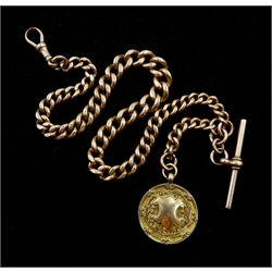 Edwardian rose gold tapering Albert T bar chain by Henry Allday & Son, with gold fob by J W Tiptaft & Son Ltd, Birmingham 1925, approx 55.65gm 