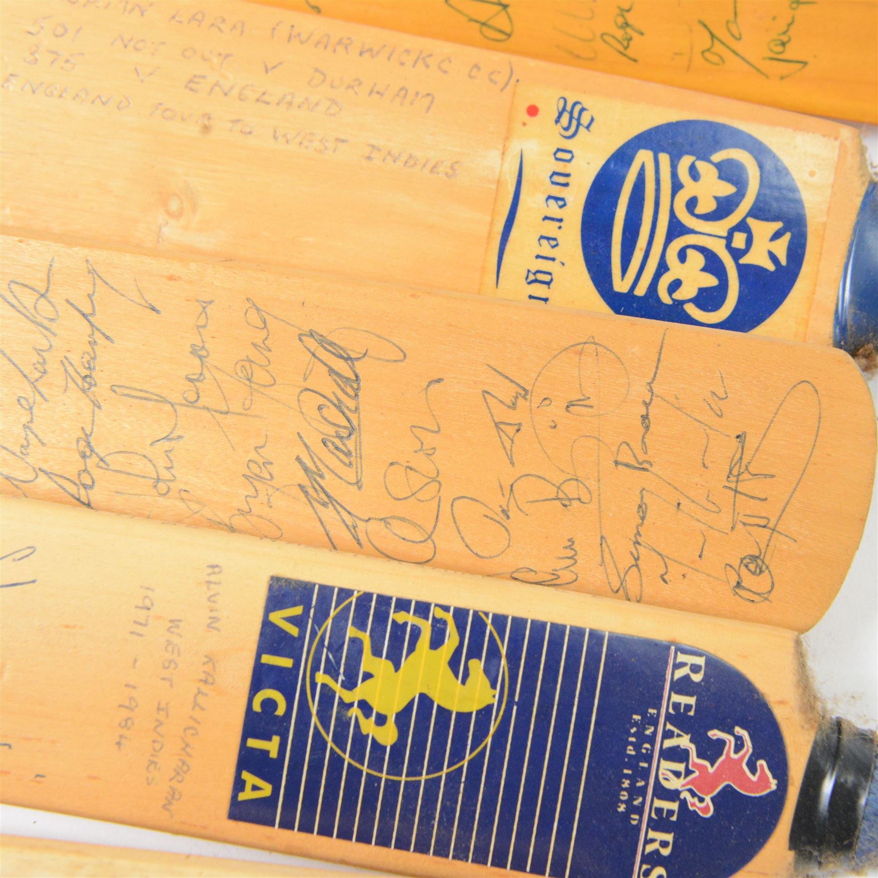 Signed International cricket memorabilia, comprising Alan Donald signed Kookaburra Commander cricket ball, wide brimmed hat signed by Darren Sammy and other West Indies players and a collection of signed miniature cricket bats, each with signatures of International cricket players including Brian Lara, Grant Flower, Richard Hadlee, Zimbabwe vs Rest of World 1993, South Africa vs Presidents VI 1994, Eastern Province South Africa 1992 and South Africa Touring Side Scarborough 1994