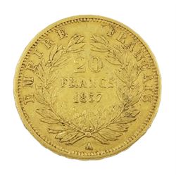 French Napoleon III 1857 gold twenty franc coin