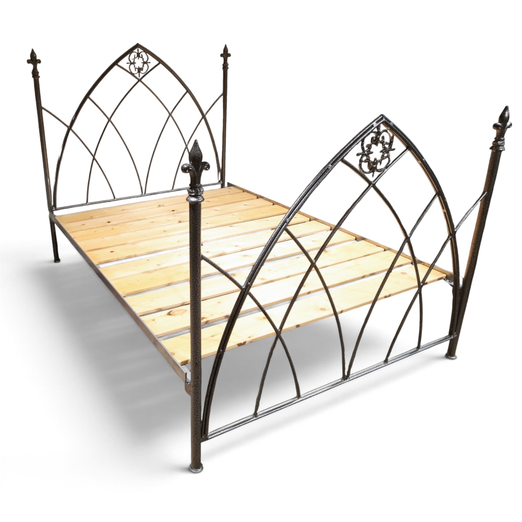 Gothic design wrought iron double bed, with silvered hammered finish, metal frame with large wooden slats