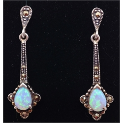  Pair of opal and marcasite silver pendant ear-rings stamped 925  