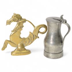 19th century Venetian brass gondola seahorse, together with an early 20th century pewter l...