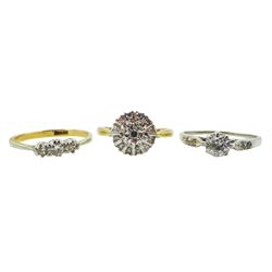 Gold diamond cluster ring and three stone diamond ring, both 18ct and a 9ct white gold single stone diamond ring