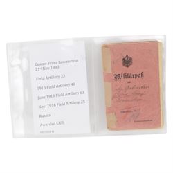 WWI German Artillery I.D book for Gustav Franzs Lowenstein, who as also awarded the EKII 2nd Class in 1916