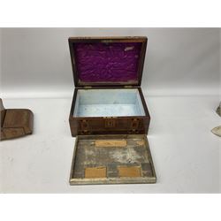 Walnut box with inlaid decoration with a hinged lid and a removable tray, together with a wooden smokers box, largest example H13cm