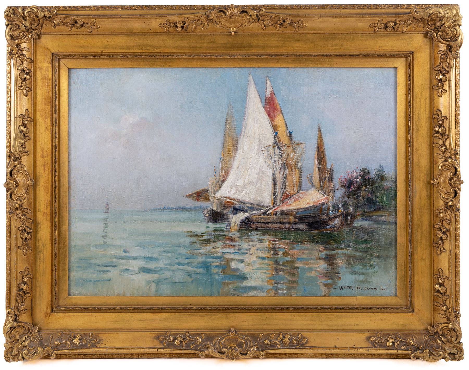 Walter Francis Brown (American 1853-1929): Mediterranean Shipping, oil on canvas signed 35cm x 50cm