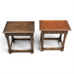Two 19th century oak joint stools with carved frieze and turned supports