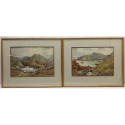 Cecil Thomas Hodgkinson (British 1895-1979): Serene Loch Landscapes, pair watercolours signed 33cm x 48cm; English School (19th/20th century): Waterfalls, pair watercolours unsigned 33cm x 48cm (4)