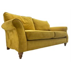 Next Furniture - traditional shaped three-seat sofa, upholstered in mustard velvet, rolled arms with pipping, on turned front feet