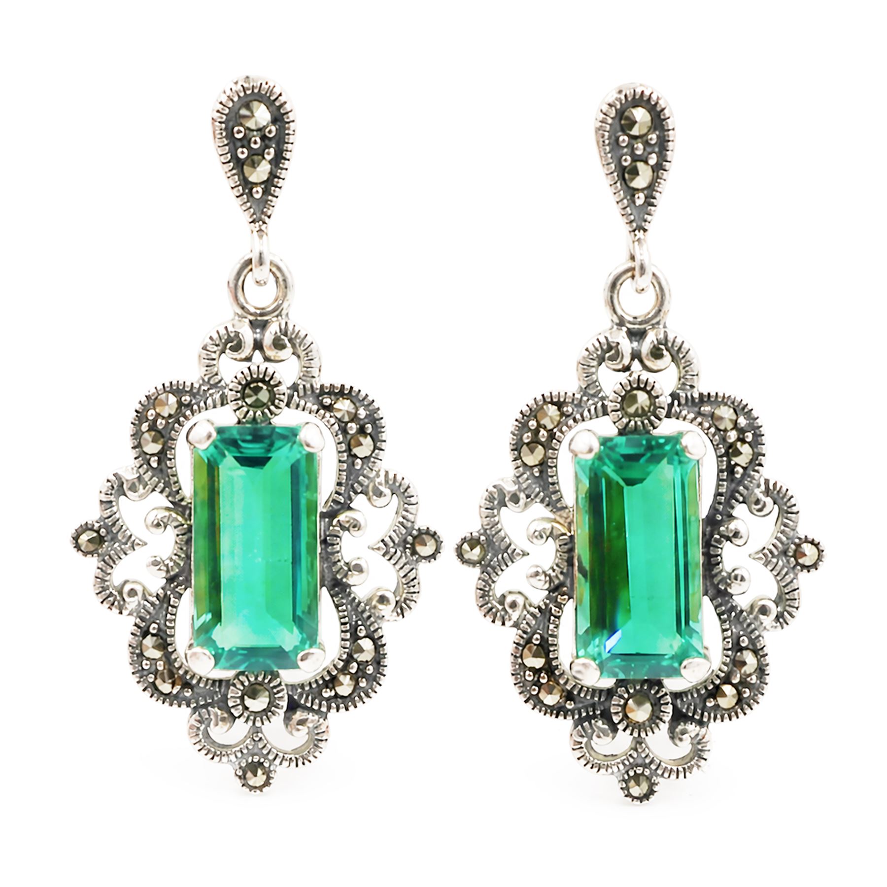 Pair of silver marcasite and green quartz pendant stud earrings