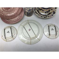 Four mid 19th century Mason's Ironstone plates decorated in the Chinese Antiquities pattern, the central circular panel decorated with footed vase with stylised motifs within a floral border, with gilt detail, pattern no. 1438, largest D26cm, together with Royal Worcester plate with floral decoration within green borders, blue and white tankard with pewter lid and teapot, teapot
