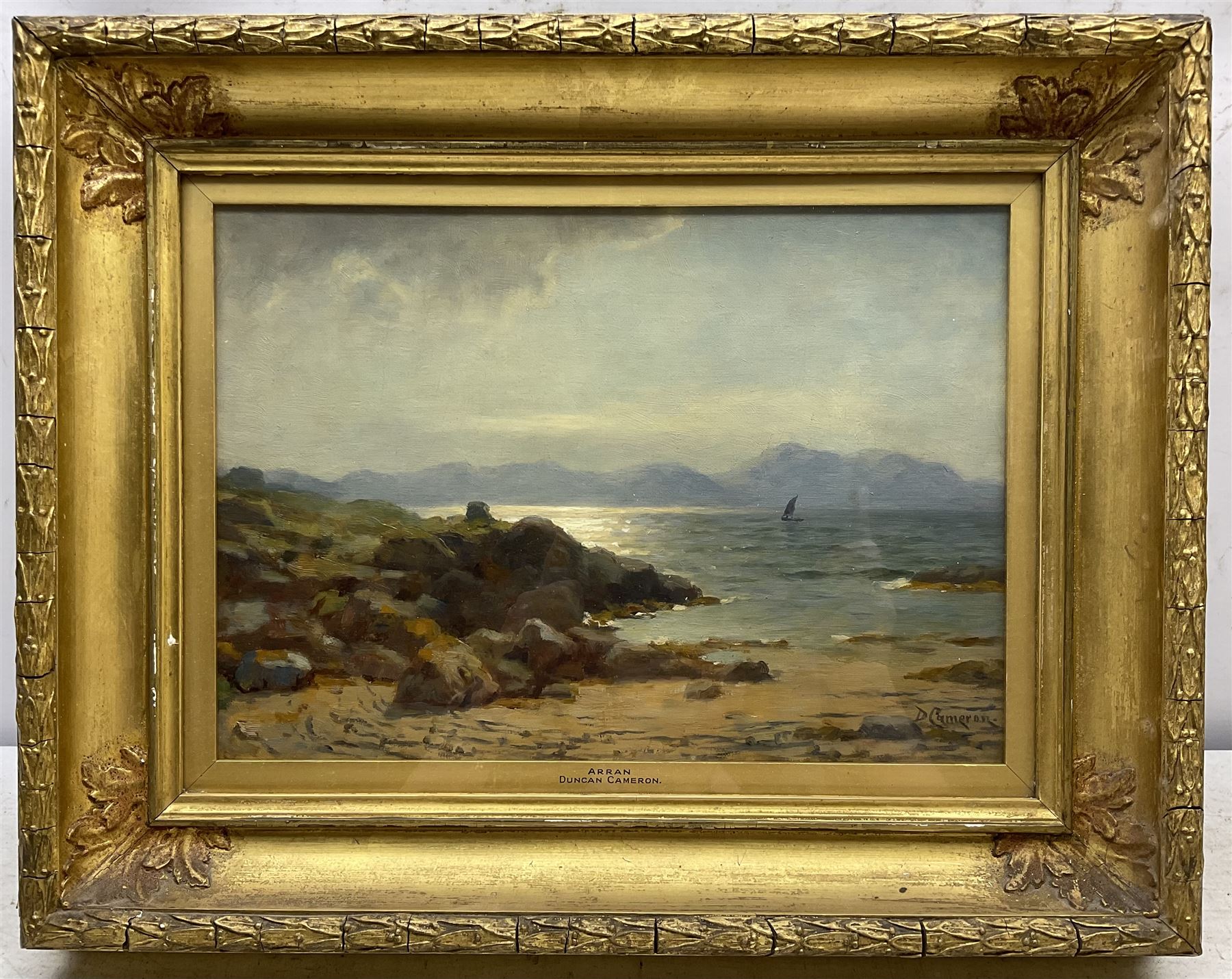Duncan Cameron (Scottish 1837-1916): 'Arran from the Ayrshire', oil on canvas signed, original title label verso 24cm x 34cm 
Provenance: private collection, purchased John Swan Limited Auctioneers 28th November 2013 Lot 46