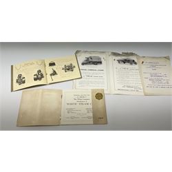 Motoring History - nine early 20th century manufacturer's vehicle catalogues including Swift 7hp Two-seater with additional brochure and letter 1910; De Dion-Bouton Automobiles 1909; Briton Cars 1909;Adams Cars with two other brochures 1909; Rover Cars 1909; Belsize Cars c1910; The Incomparable White Steam Car 1909; NSU Voiturette c1910; and Thornycroft Petrol Commercial Vehicles with 1907 price list (9)