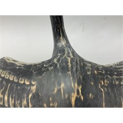 Wooden sculpture of Cormorant aquatic bird on a naturalistic wooden plinth, H46cm