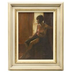 Pat Maclaurin (British 1933-2022): 'Reverie', oil on board signed, labelled verso 39cm x 29cm