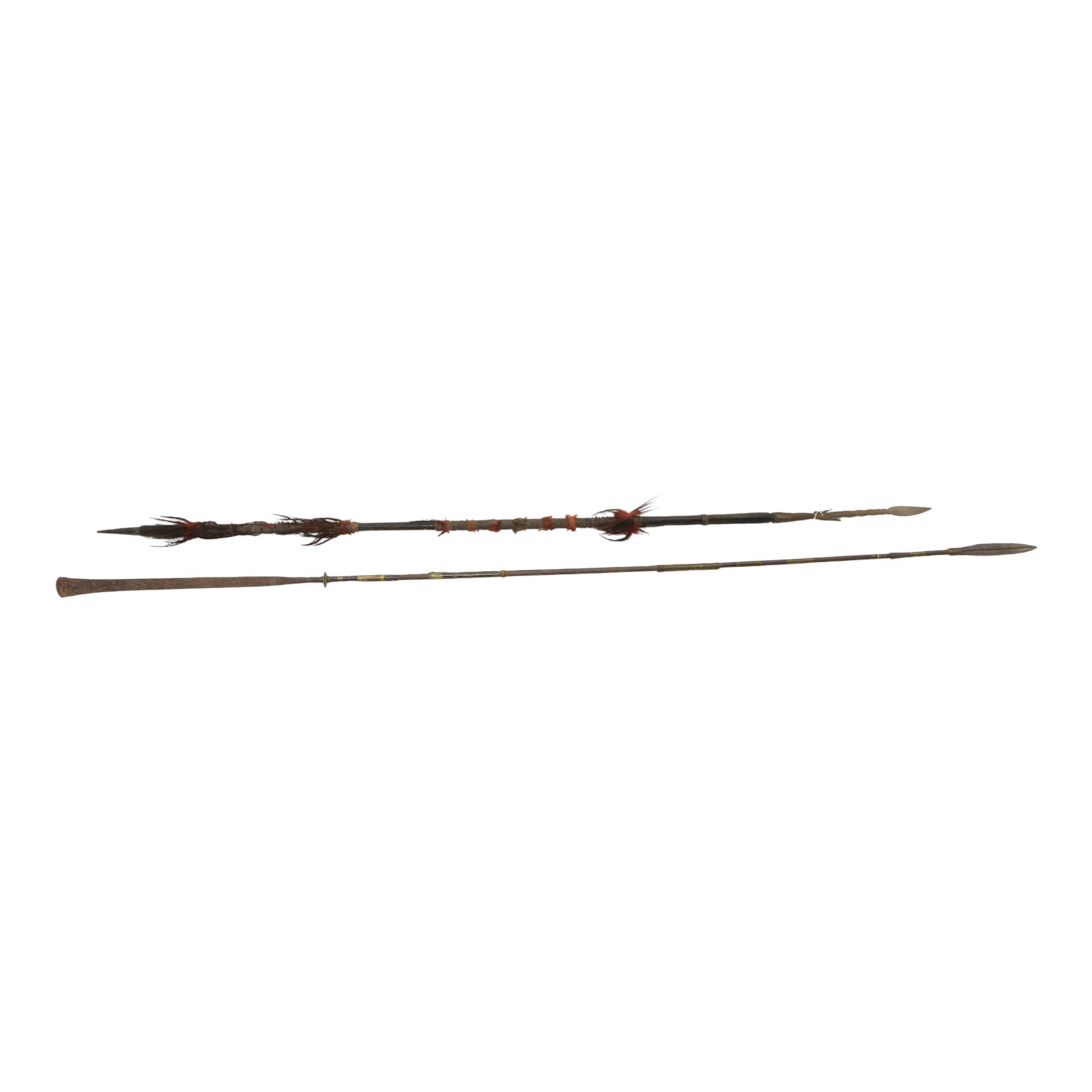 Tuareg tribe steel spear with inlaid brass work and a Northern Indian Naga barbed spear, longest L187cm 
