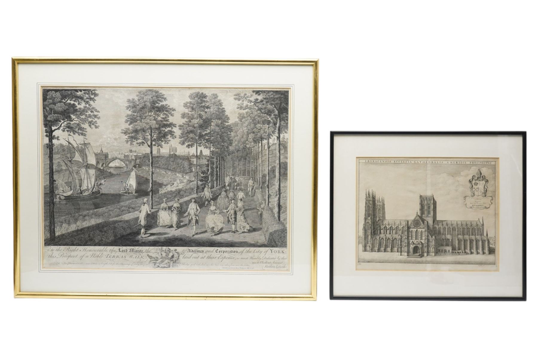Charles Grignion the Elder (British 1721-1810) after Nathan Drake (British 1728-1778): 'Terras Walk - York', rare 18th century engraving pub. 1756, 44cm x 60cm; Wenceslaus (Wenzel) Hollar (Czech 1607-1677): 'Eboracensis Ecclesiae Cathedralis Ameridie Prospectus' - The York Minster, 17th century engraving pub. c.1672, 28cm x 35cm (2) 