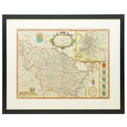 John Speed (British 1552-1629): 'The West Ridinge of Yorkeshyre' - West Yorkshire, 17th century engraved map with later hand-colouring and inset city map of York with surrounding armorials pub. by Thomas Bassett & Richard Chiswell c.1676-1695, 39cm x 52cm