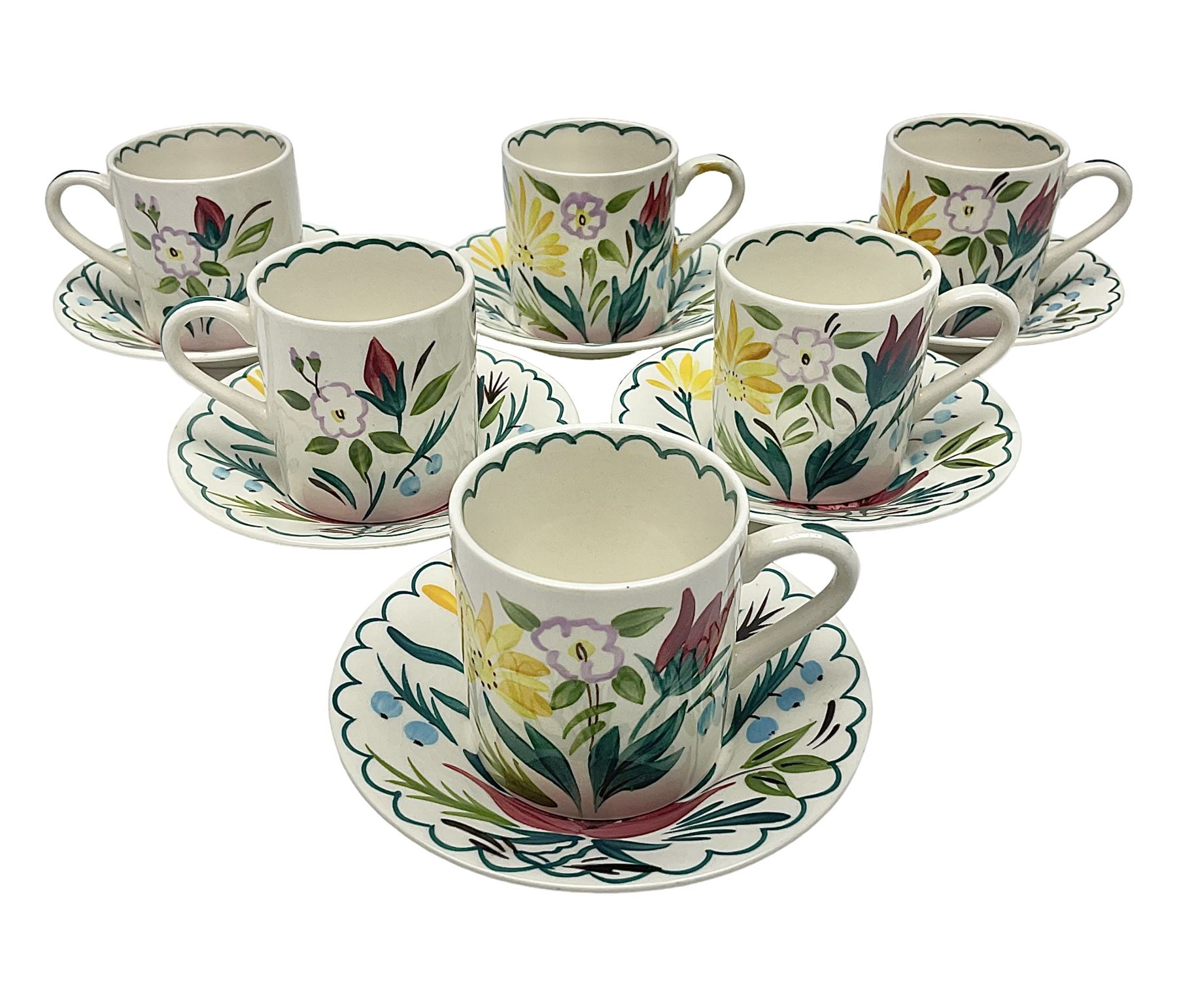 Set of six Midwinter Stylecraft Bella Vista coffee cups and saucers, pattern designed by Jessie Tait