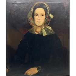 T Lang (Early 19th century): Portrait of a Lady with a Lace Bonnet and Collar, signed and dated 1842, 72cm x 61cm