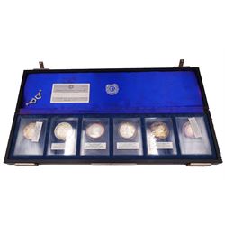 British Commemorative Society Ltd, set of six commemorative .999 fine silver proof medals, no. 1 to 6 , to include the William Medal, The Magna Carta Medal, The Lord Nelson Medal, The Canadian Centenary Medal, The Churchill Memorial Medal and The William Shakespeare Medal, each contained within clear perspex cases, in a silk lined fitted case