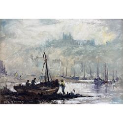 Robert Leslie Howey (British 1900-1981): Low Tide Whitby Harbour, oil on canvas board signed 13cm x 18cm