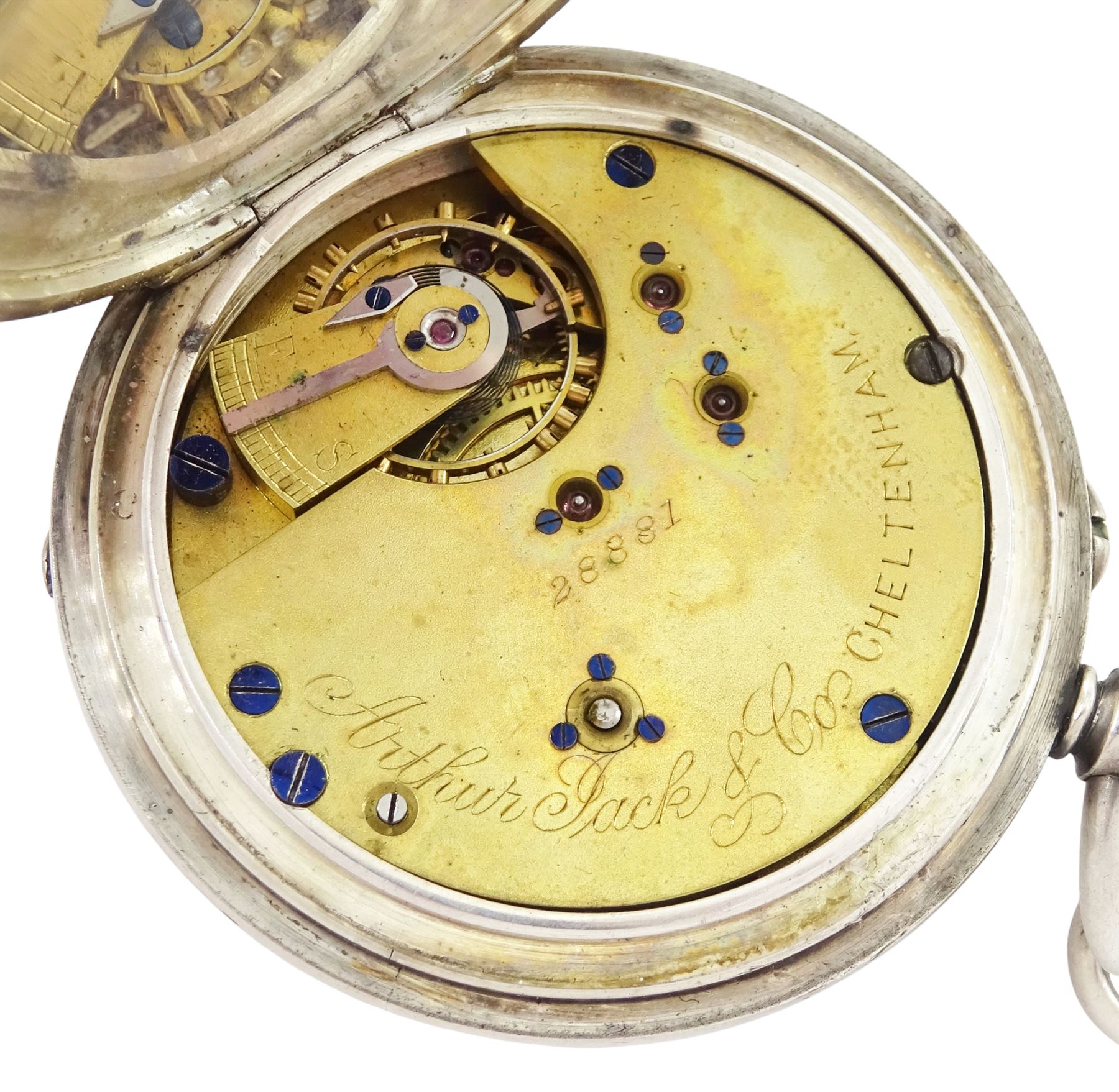 Victorian silver half hunter keyless lever pocket watch by Arthur Jack & Co, Cheltenham, No. 28881, white enamel dial with Roman numeral hour markers and subsidiary seconds dial, case by Errington Watch Company, Birmingham 1898, on silver Albert chain by Edwin Page, Chester 1904 with additional silver case