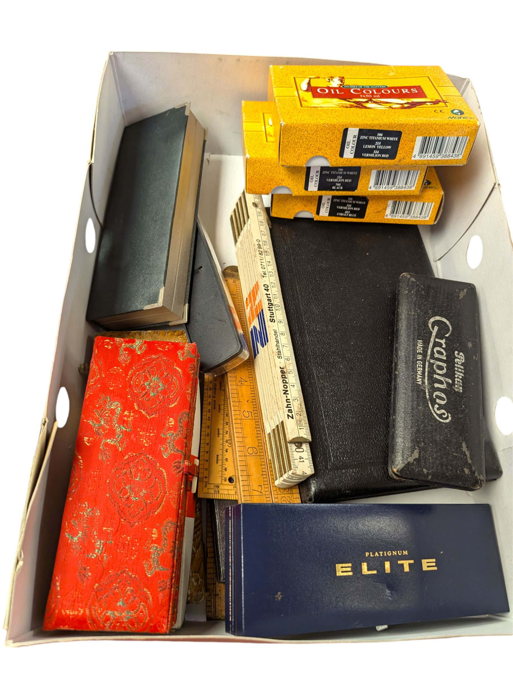 Platignum Elite fountain pen, boxed, other boxed pens, and a collection of drawing instruments and slide rules, including Rabone examples