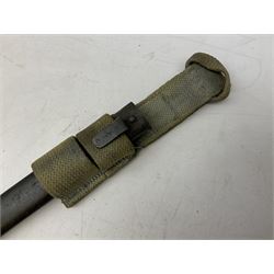 Italian Model 1891 Carcano knife bayonet with 30cm fullered steel blade, the cross-piece stamped VL1110; in steel scabbard with webbing frog L43cm overall; and another Italian fighting knife/bayonet in brass bound leather scabbard (2)