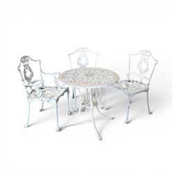 Victorian design cast aluminium circular garden table, and three chairs