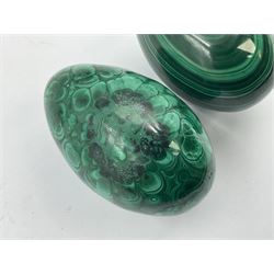 Three malicate specimen eggs, originally part of the collection of the late Stanley J Seeger, largest H7cm