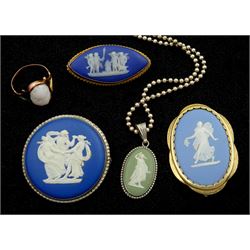 Wedgewood Jasperware jewellery including two 9ct gold brooches, silver brooch and pendant necklace and a 9ct gold cameo ring