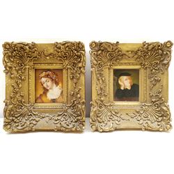 Attrib. Maria Singleton (British exh.1808-1820): Lady with Floral Headband and Pensive Gentleman, pair? portrait miniatures unsigned, the former inscribed in a later hand verso 10cm x 8cm