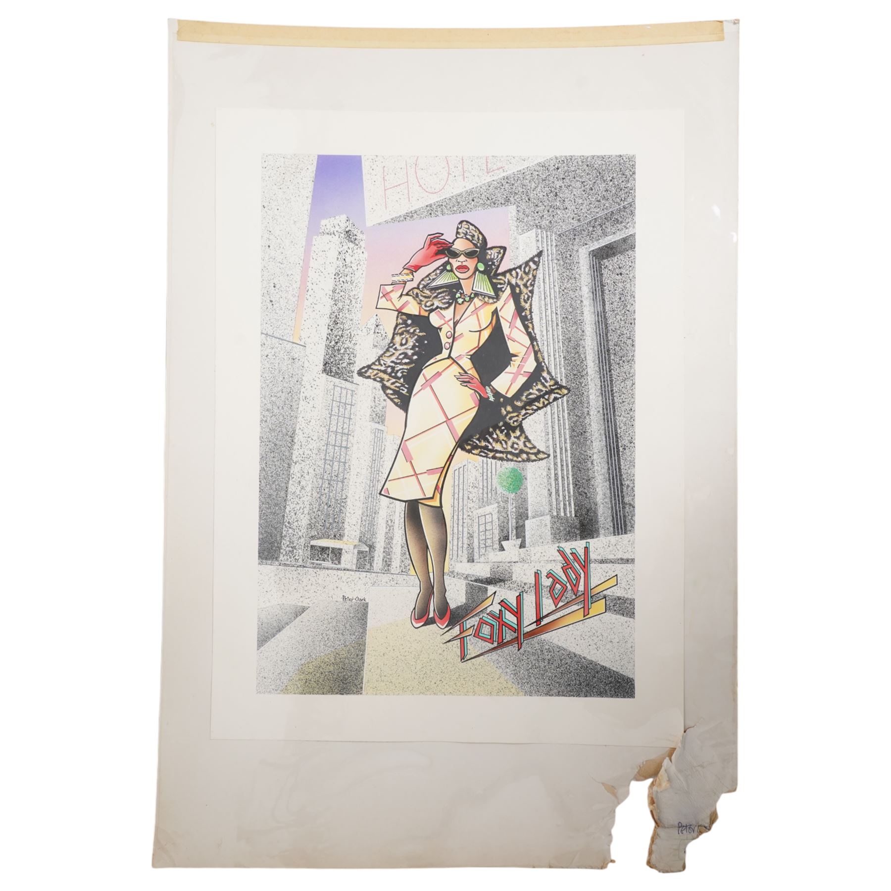 Peter Clark (British 1944-): 'Ghetto Blaster' & 'Foxy Lady', pair of original mixed media ink and watercolour poster prototypes signed, c.1985, 50cm x 34cm (unframed) (2)
Notes: Peter Clark is a British artist best known for his collages, but he began his career as an illustrator working for major UK publications like The Radio Times, BBC and major advertising campaigns. These posters, reflecting the bold colours and graphic style of pop art engage with 1980s music culture.
Provenance: direct from the family of the artist

