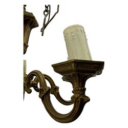 Collection of vintage and modern light fixtures, including copper pendant light, brass five-arm chandelier, hanging lantern and two small chandeliers with hanging faceted droplets (6)