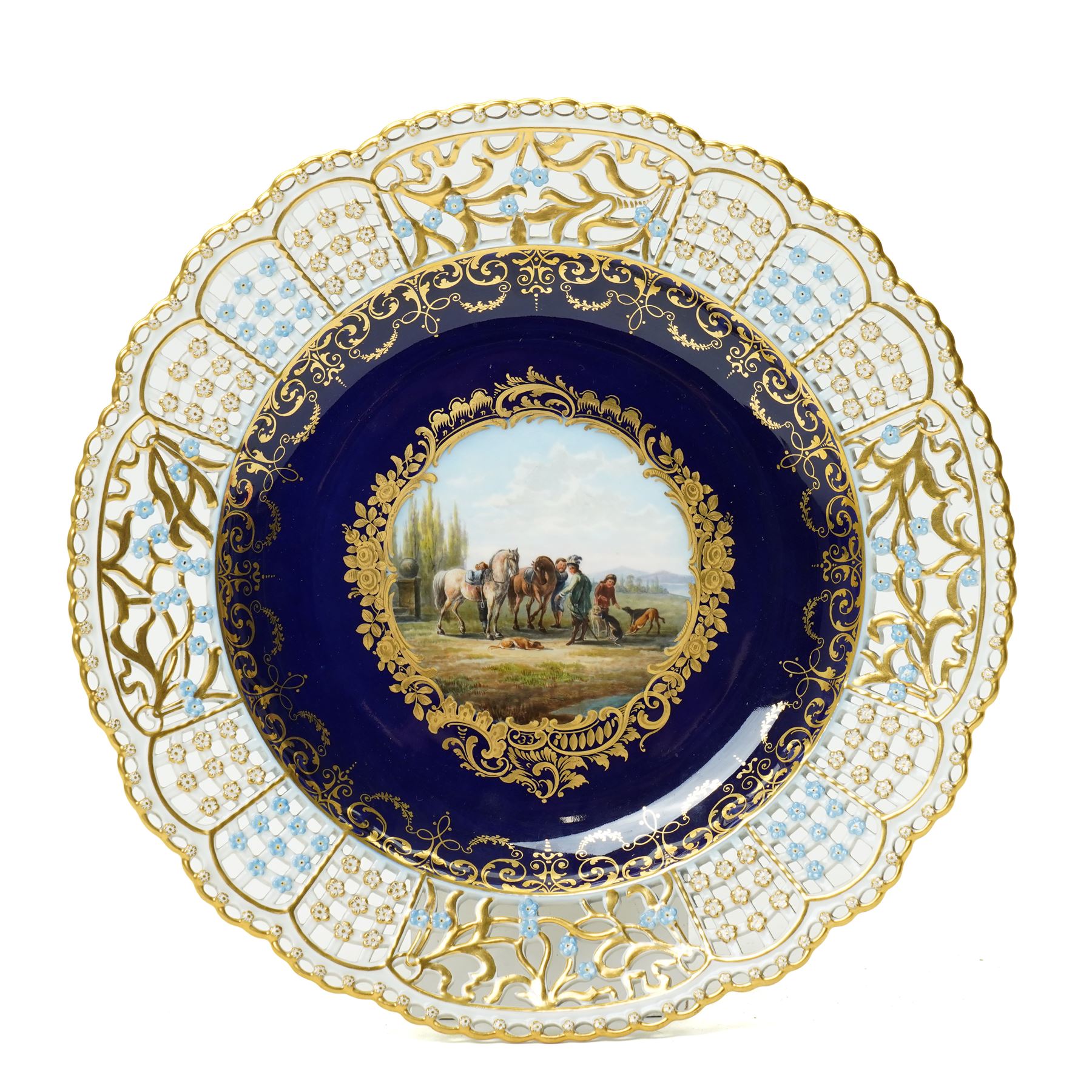 19th century Meissen cabinet plate, the reticulated border modelled with trellis panels and forget-me-nots,  the cobalt blue well with gilt bordered central reserve painted with a scene of a hunting party resting after Philips Wouwerman (Dutch 1619-1668), underglaze blue crossed swords and indistinct impressed numbers verso, D26cm
